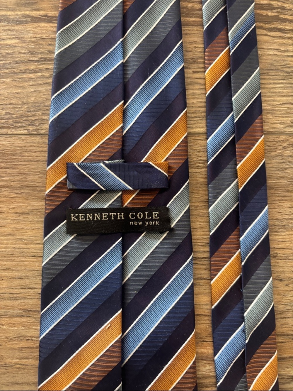 Kenneth Cole Classic Striped Tie in Navy and Gray with Orange Accents 100% Silk
